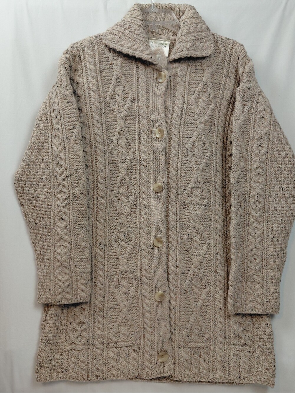 Kilronan Knitwear Irish Wool Cardigan Size Large Beige